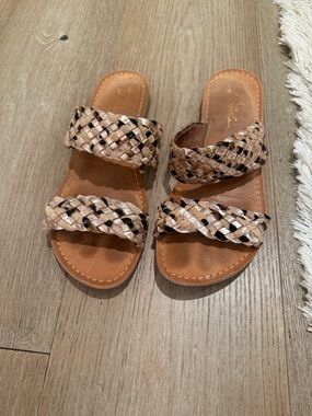 Woven Double-Strap Slide Sandals in Tan and Black